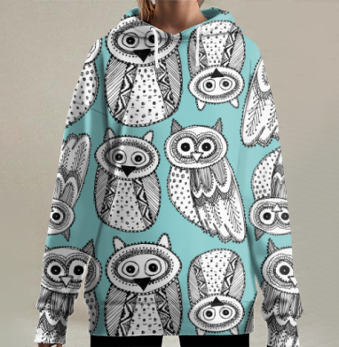 Черно-белые рисованые совы, Hoodie Long Oversize 3D