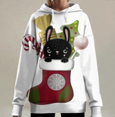 Очаровательный черный кролик в праздничном носке, Hoodie Long Oversize 3D