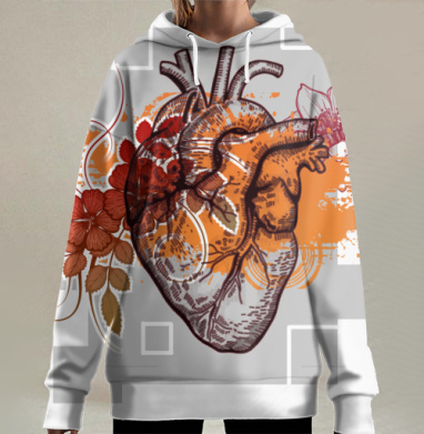 Человеческое сердце с цветами оранжевый красный коричневый, Hoodie Long Oversize 3D