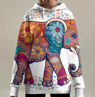 Психоделический слон – символ мудрости и гармонии, Hoodie Long Oversize 3D
