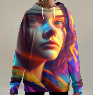 Мечтательная девушка с задумчивым взглядом на свету эмоций, Hoodie Long Oversize 3D