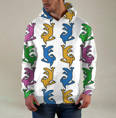 Разноцветные ящерицы на сером фоне Colorful lizards on gray background, Худи / Мужская / С карманом / 3D