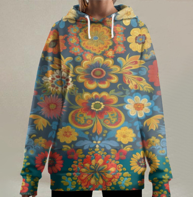 Насыщенный фольклорный цветочный узор на синем фоне, Hoodie Long Oversize 3D