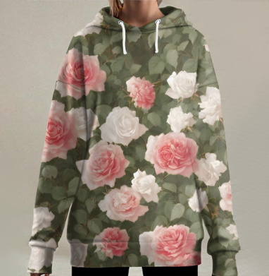 Бесшовное полотно с цветущими розами в стиле шебби-шик, Hoodie Long Oversize 3D