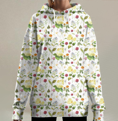 Нежный акварельный цветочный паттерн, Hoodie Long Oversize 3D