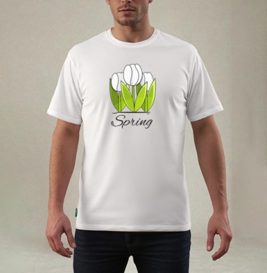 Белые тюльпаны и зелёные листья весна надпись Spring, Футболка мужская REGULAR белая