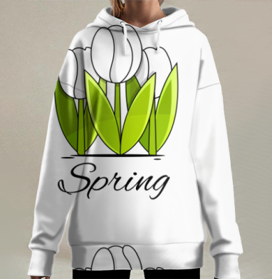 Белые тюльпаны и зелёные листья весна надпись Spring, Hoodie Long Oversize 3D
