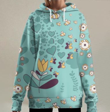 Мягкая пастельная сцена пчел и бабочек вокруг цветов и сердечек, Hoodie Long Oversize 3D