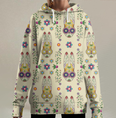 Яркий паттерн Пасхальных зайцев в стиле Día de Muertos, Hoodie Long Oversize 3D