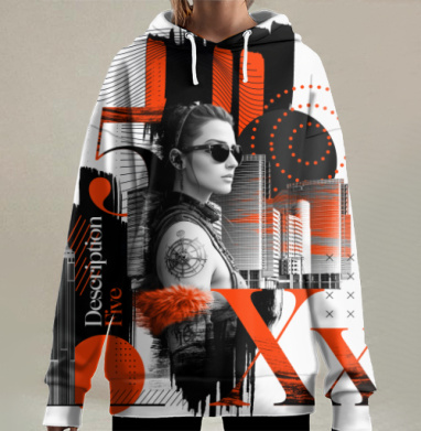 Современный портрет уверенной женщины с городским фоном Description Five, Hoodie Long Oversize 3D