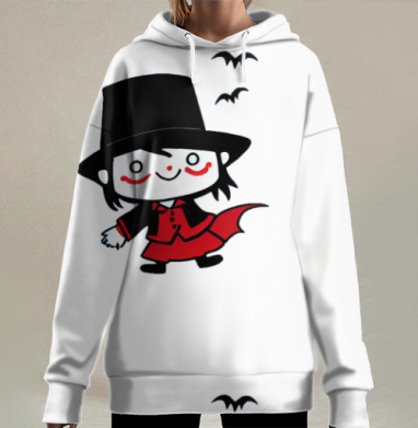 Веселый маленький вампир в красном костюме на сером фоне, Hoodie Long Oversize 3D