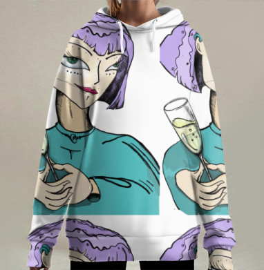 Женщина с сиреневыми волосами держит бокал шампанского, Hoodie Long Oversize 3D
