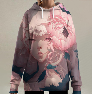 Нежная девушка с пионами в волосах нежно нежно нежно, Hoodie Long Oversize 3D