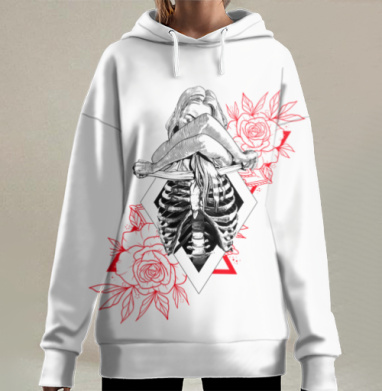 Женская грудная клетка скелет розы ярко красные, Hoodie Long Oversize 3D