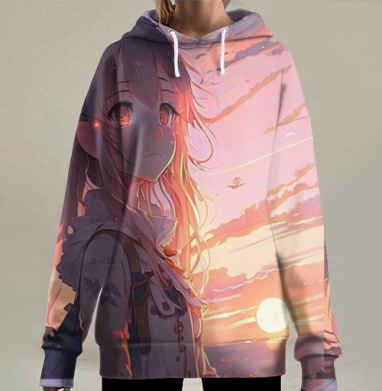 Девушка на закате размышляет о жизни и красоте мира, Hoodie Long Oversize 3D
