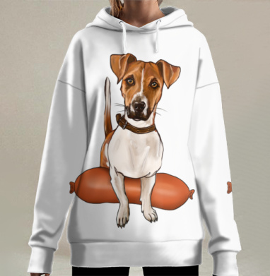 Джек рассел на сосиске мультяшный забавный сюжет, Hoodie Long Oversize 3D