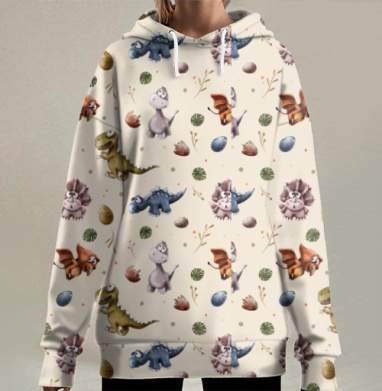 Милый паттерн с мультяшными динозаврами для детей, Hoodie Long Oversize 3D