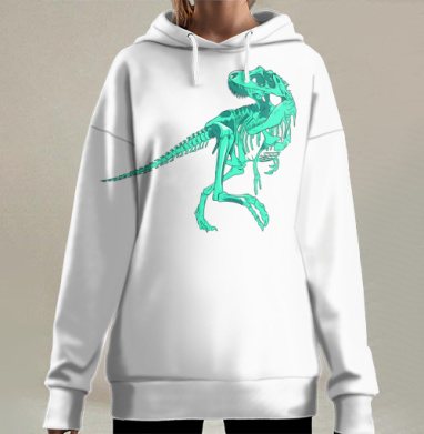Анатомический скелет тираннозавра в ярком бирюзовом цвете, Hoodie Long Oversize 3D