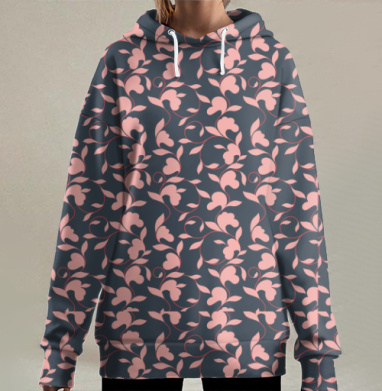 Нежные листья на темно синем фоне, Hoodie Long Oversize 3D