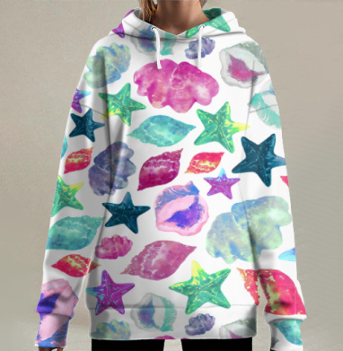 Паттерн с морскими ракушками и звездами в акварели, Hoodie Long Oversize 3D