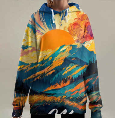 Восходящее солнце над горами с надписью хорошее утро, Hoodie Long Oversize 3D