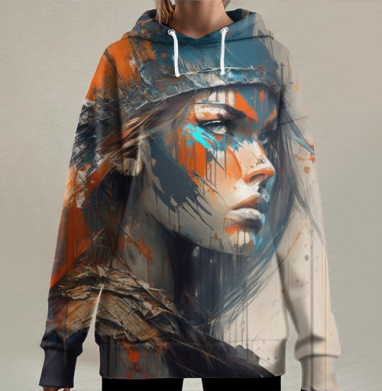 Смелая девочка в индейском венце с акцентом, Hoodie Long Oversize 3D
