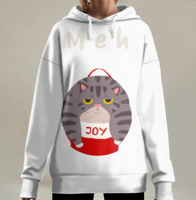 Равнодушный кот в футболке радость на черном фоне, Hoodie Long Oversize 3D