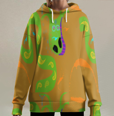 Яркая зеленая змея с синими мышами на коричневом фоне, Hoodie Long Oversize 3D