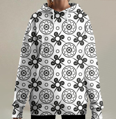 Монохромный орнамент с цветами и завитками, Hoodie Long Oversize 3D