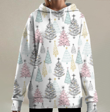 Праздничный бесшовный узор с новогодними елками, Hoodie Long Oversize 3D