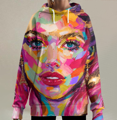 Яркий женский портрет с Эйфелевой башней, Hoodie Long Oversize 3D