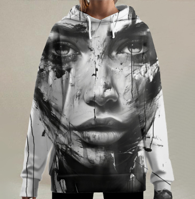 Черно белое лицо женщины в урбанистическом выражении, Hoodie Long Oversize 3D