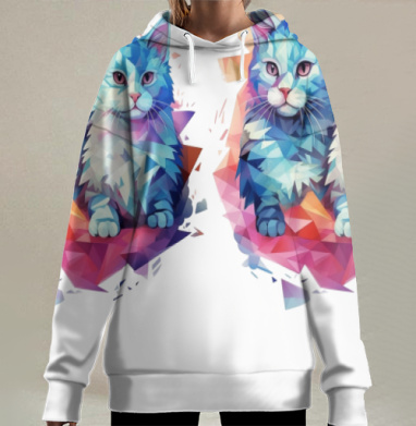 Голубые кошки в геометрическом стиле уютные и дружелюбные, Hoodie Long Oversize 3D