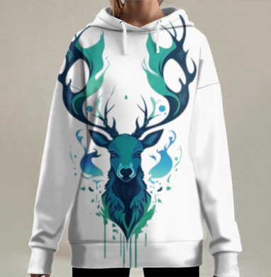 Мистический олень в синем бирюзовом цвете, Hoodie Long Oversize 3D
