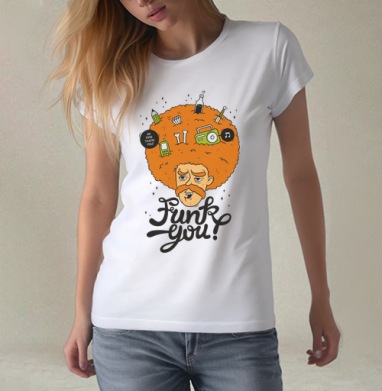 Мужчина с афро прической наполненной предметами Funk you, Футболка женская белая 180гр