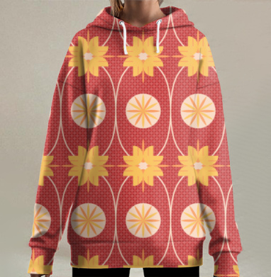 Геометрические рыжие цветы на красном фоне на красном фоне, Hoodie Long Oversize 3D