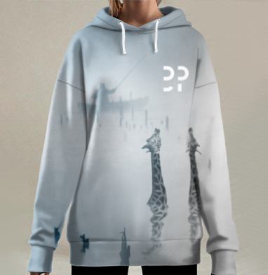Рыбак среди голов жирафов в туманной воде, Hoodie Long Oversize 3D