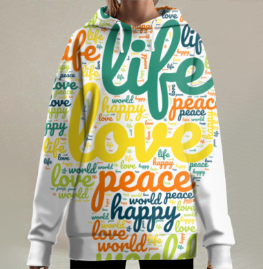 Жизнь любовь мир счастье живи в любви, Hoodie Long Oversize 3D