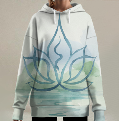 Стилизованный лотос на воде в акварели умиротворение красота природы, Hoodie Long Oversize 3D