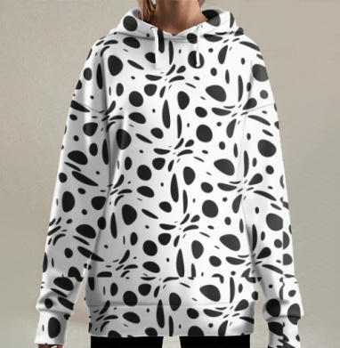 Чёрные капли на светло сером фоне узор для одежды, Hoodie Long Oversize 3D