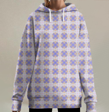Орнаментальный узор с сиреневыми и оранжевыми цветами, Hoodie Long Oversize 3D