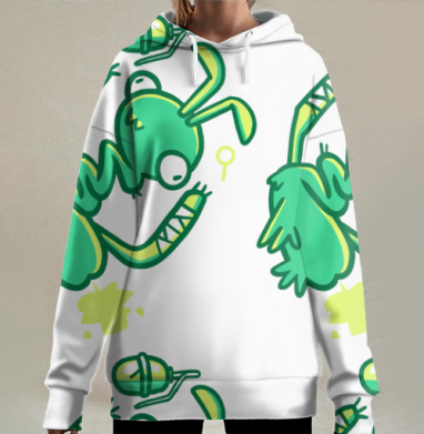 Зеленый забавный персонаж в динамике летит вниз, Hoodie Long Oversize 3D