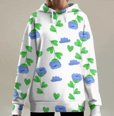 Синие цветы зеленые листья на светлом фоне для мебели, Hoodie Long Oversize 3D