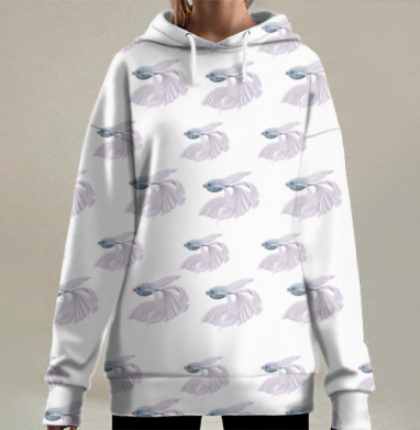Паттерн Голубые Рыбки на Сером фоне плавное движение, Hoodie Long Oversize 3D