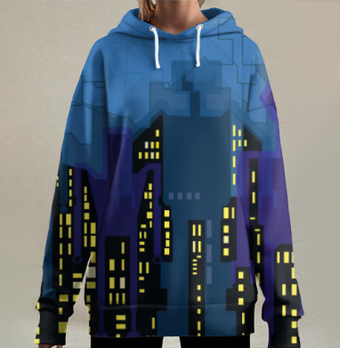 Ночной городской пейзаж с яркими окнами огнями в мегаполисе, Hoodie Long Oversize 3D