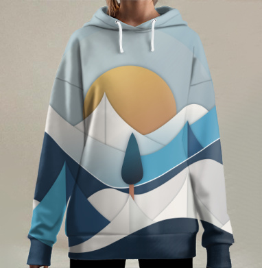 Спокойный горный пейзаж с солнцем и соснами в минимализме, Hoodie Long Oversize 3D