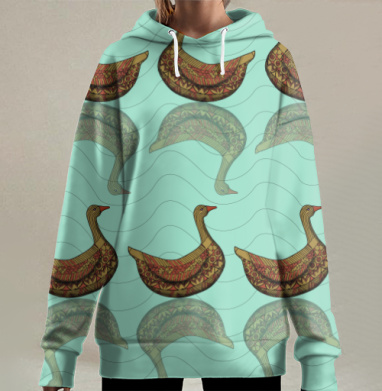 Орнаментальные коричневые утки на голубой воде продолжают движение, Hoodie Long Oversize 3D