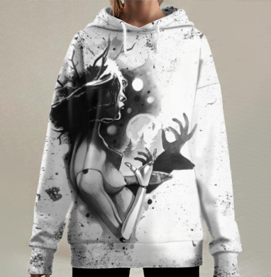 Силуэт Шаманки с Ветвями и Механической Рукой, Hoodie Long Oversize 3D