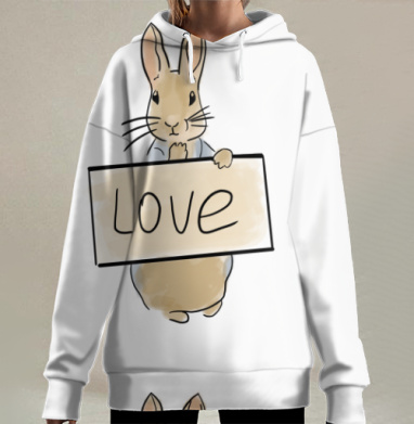 Кролик с табличкой о любви Вдохновение и нежность лучшими словами, Hoodie Long Oversize 3D
