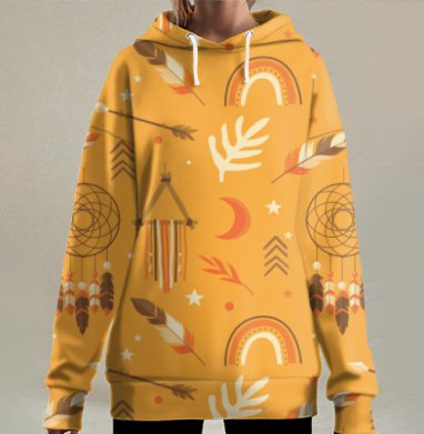 Индейский паттерн с ловцами снов и стрелами для детской комнаты, Hoodie Long Oversize 3D